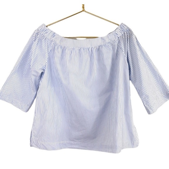MADEWELL Clean Off-the-Shoulder Blouse Top in Stripe in White / Blue Style G2082 - Picture 4 of 8